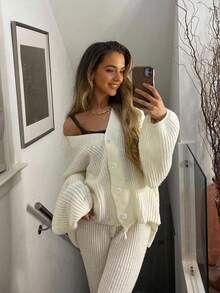 2 Pieces Set Autumn/ Winter New Women's Casual Cute Suits Loose Solid Color Button Cardigan Long-Sleeved Knitted Sweater Top Knit Pants Suitable For Daily Wear Home Loungewear Cozy Chic Fall Winter Going Out Outfits Clothes