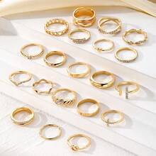 20 件简约水钻十字架、心形、螺旋戒指、多元素 X 形指节戒指，适合女性日常和节日佩戴 - 金黃色 - 查看 6