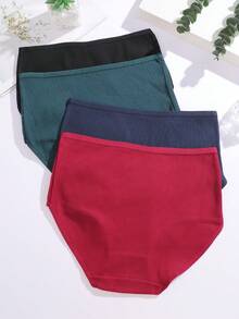 FINETOO 4 件装纯棉高腰无缝纯色内裤，加大码女士内裤 - 彩色 - 查看 4