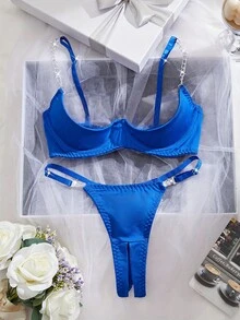 2 件性感女士内衣套装，配有可调节肩带和金属项链 - 藍色 - 查看 2