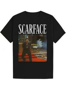 Camiseta de Verano Casual para Hombre de Cuello Redondo de Poliéster con Retrato - Negro - Ver 1