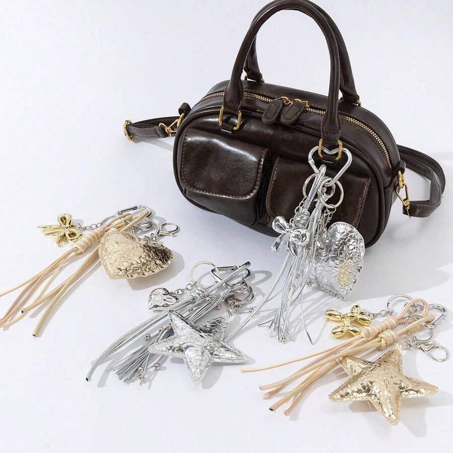 Metallic Leather Star & Heart Shaped Bag Charm, Bag Accessory