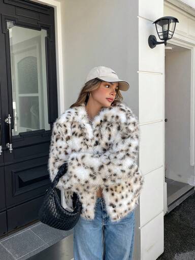 Women's Leopard Print Polka Dot Women's Short Fur Coat, Violent Wife Style, Old Money Outfit, Party Outfit, Winter Clothing,Leopard Print Open Lapel Furry Coat,Halloween Costumes,Christmas,Festival Clothing