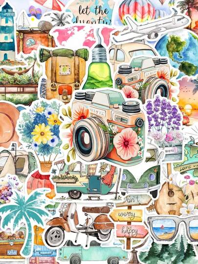 50pcs Ins Style Outdoor Travel Theme Stickers, Camera/Flower/Car, Add A Fun Touch To Your Devices!,Funny Magic Frog Stickers Decals For Toy Stationery, Guitar, Phone, Bicycle, Laptop, Luggage, And Car Graffiti. Perfect Stickers And The Best Gift For Family, Friends, And Classmates!