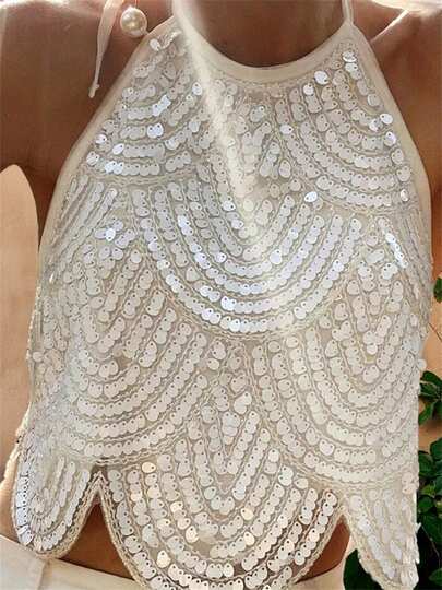 Women Halter Top, Tie-Up Sleeveless Tops Backless Sequined Summer Vest For Club Party