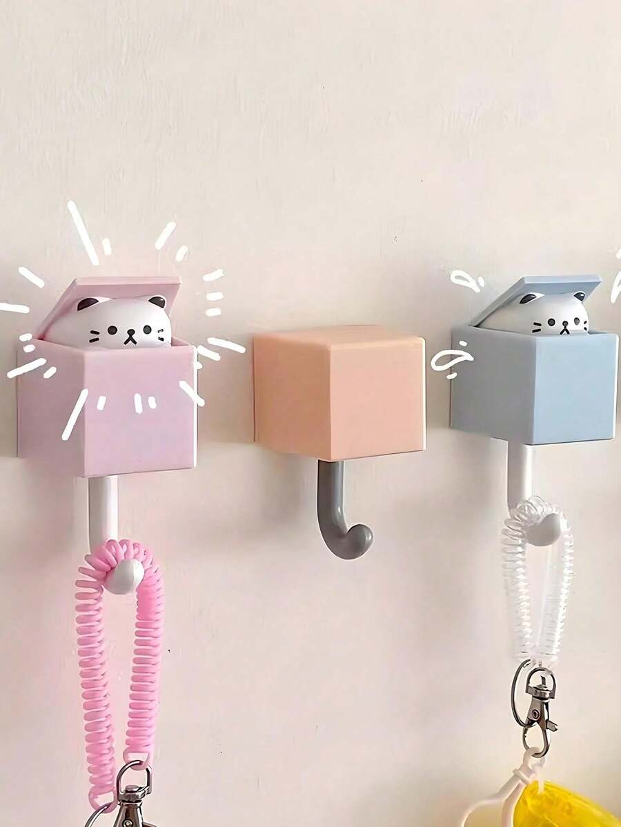 2 Pieces, Unisex Style, Cute Cartoon Cat Design, Waterproof Seamless Design, ABS Material, Multifunctional Wall Hooks, Japanese Cute Style, Decorative Hooks, Suitable For Bedroom/Living Room/Bathroom Decoration, Christmas And Halloween Decoration, Holiday Promotion, Room Decor, Christmas Gifts - 彩色 - 查看 1
