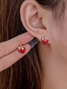1 Pair Retro Cute Strawberry Rhinestone Stud Earrings, Suitable For Daily Wear And Gift - 紅色 - 查看 5