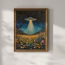 1件，帆布壁挂，带框墙饰，复古太空飞船，UFO野花墙饰，复古花卉油画，花卉外星人信徒墙饰——一份巧妙又时尚的礼物。复古家居装饰，适用于房间装饰、卧室装饰、宿舍装饰、客厅装饰。 - 彩色 - 查看 9