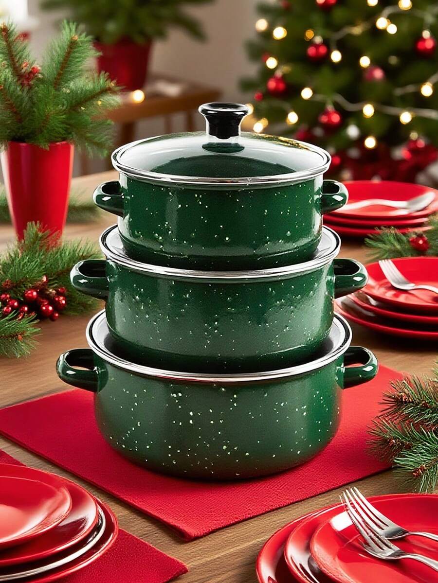 3pcs Multifunctional Enamel Pot Set, Thick Non-Stick Pot Set, Fashionable Multi-Color Enamel Pot Combination, 16cm/18cm/20cm Large Capacity, Comes With 2 Cleaning Sponges, Suitable For Gas Stove And Induction Cooktop, Ideal For Home Kitchen, Camping, Gathering