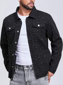 Men's Black Denim Jacket With Rhinestone Embellishment, Suitable For Spring And Autumn - 黑色 - 查看 4