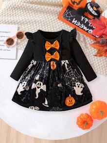 Baby Mädchen süßes A-Linien Kleid mit rundem Ausschnitt, Puffärmeln, Schleife und Motiven wie Kürbis, Geist, Spinne, ideal als Halloween Kostüm, Mädchen Bekleidung, geeignet für Frühling/Herbst Ausflüge