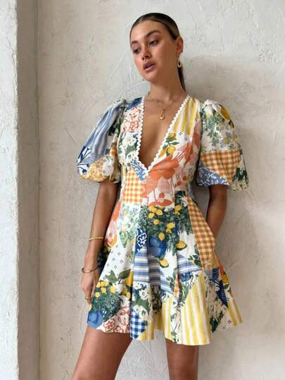 Vestido de lino con estampado de mangas abullonadas de limón, vestido midi de escote en V de la serie de playa para el verano