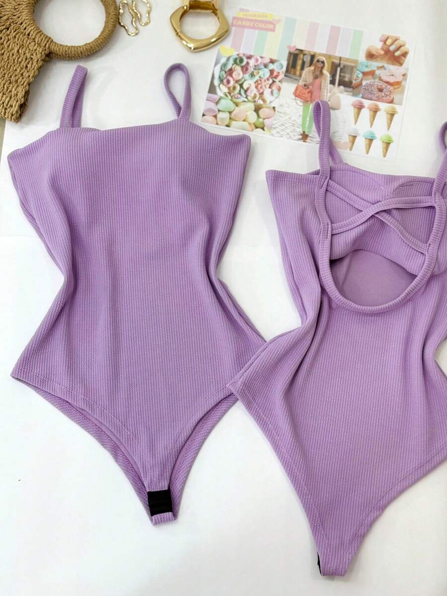 Women's Bodysuit With Braided Straps, Anarruga Fashion Blogger - 紫丁香 - 查看 1