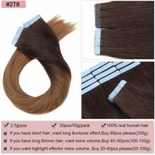 16 英寸 - 24 英寸 100% 真人发片接发，女士适用，20 片/包，直发无缝皮肤纬纱，雷米真人发片接发，渐变色，深棕色至浅棕色，T2/6# - S2/6 - 查看 4