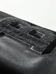 男士黑色棒球夹克高端刺绣皮革时尚街头风格运动服休闲经典复古运动服拼布PU长袖嘻哈机车夹克外套 - 黑色 - 查看 6