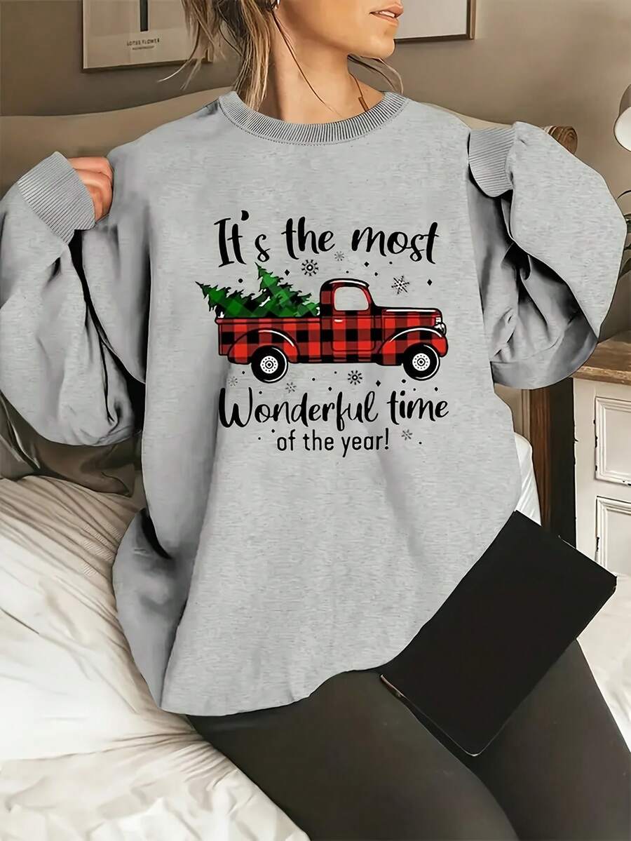 Women's Long Sleeve Crew Neck For Fall & Winter, Red Plaid CarPrint Sweatshirt, Autumn Winter Warmth, Casual Fashion, Relaxed Fit Pullover, Streetwear Style, Durable Material, Suitable For Daily Life, Travel - 灰色 - 查看 1