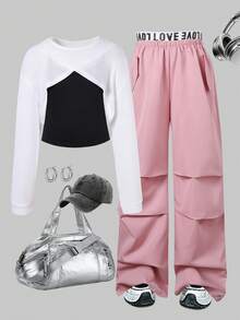 3 Stücke/Set Teenager Mädchen Outfit mit Crop Waffle Strick Top mit Kreuzdetail, einfarbigem Top und schicken Cargo Hosen