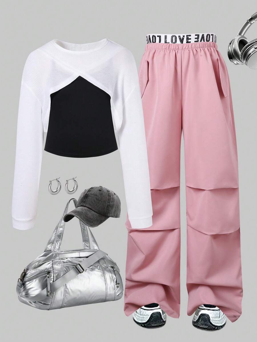 3 Stücke/Set Teenager Mädchen Outfit mit Crop Waffle Strick Top mit Kreuzdetail, einfarbigem Top und schicken Cargo Hosen