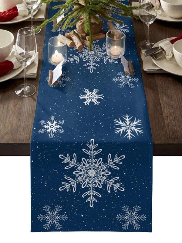Decoración de mesa de Navidad con diseño de copos de nieve en azul marino, manteles para aparador, decoración de mesa de invierno, centro de mesa navideño, decoraciones navideñas para la cocina y el comedor