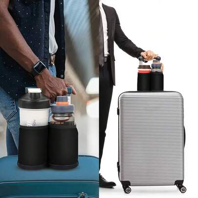 Giá đỡ cốc hành lý bằng nylon đen - Giá đựng đồ uống cầm tay, phù hợp với vali, giúp rảnh tay khi đi du lịch, phụ kiện kèm túi đựng điện thoại co giãn, món quà lý tưởng cho tiếp viên hàng không, khách du lịch công tác và khách du lịch.