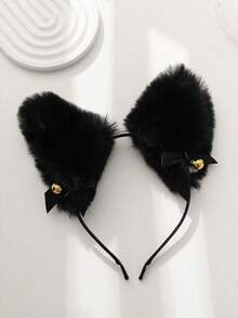 1 件哥特式新款猫耳蕾丝边毛绒头带，适合万圣节和日常使用 - 黑色 - 查看 3