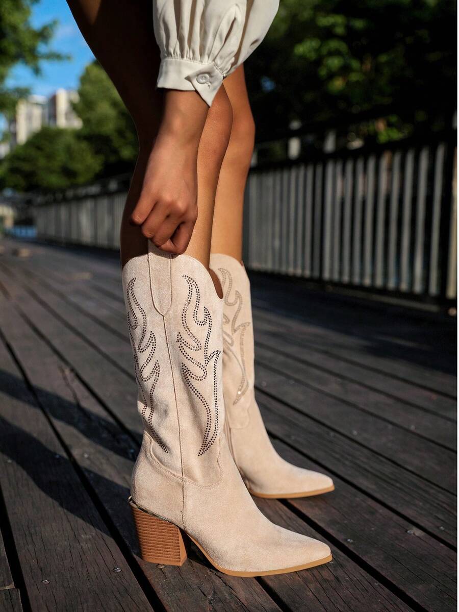 Women's Fashionable Rhinestone Flame Pattern Western Boots - Beige - View 1
