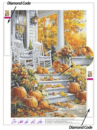 1pc 5D DIY Diamond Painting Autumn Porch Scene, Diamond Embroidery Pumpkin And Fall Leaves Design, Diamond Painting Tools Kit For Home Wall Art Decor
