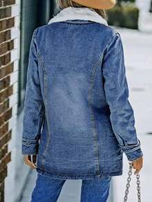 女士保暖内衬长袖牛仔夹克，中长款羔羊绒保暖牛仔外套 - 中等水洗藍 - 查看 3