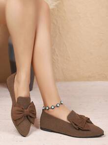 Sapatilhas Femininas Respiráveis de Cor Sólida, Elegantes e Fashionistas para Uso Diário, Bico Fino com Laço, Escritório, Férias, Primavera/Verão/Outono