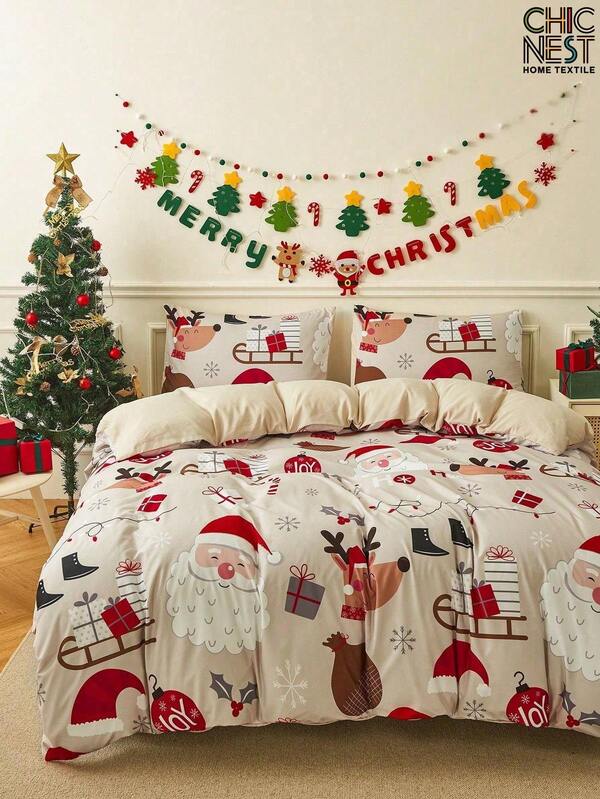 2/3pcs Khaki Santa Claus Elk Cartoon Pattern Reversible Color Duvet Cover Bedding Set, Soft Breathable Wrinkle-Free Better For Sleep, Luxury Hotel Style, Gift For Relatives And Friends, Quilt Comforter Duvet Cover*1 Pillowcase*1/2 King Queen Full Twin Size.Gender Neutral Christmas Atmosphere