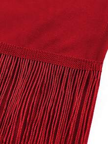 AOMEI Elegant Women's Long Red Tassel Fitted Dress, Round Neck Design, Contrast Mesh Short Sleeves, Perfect For Attending Parties, Christmas And New Year Events - Red - View 5