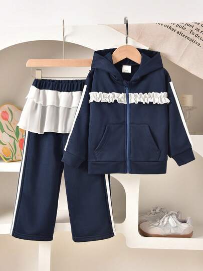 Vihyde 2 pezzi/set Stile dolce per ragazze, top con cappuccio con chiusura lampo e pantaloni a zampa ampia con volant, autunno/inverno