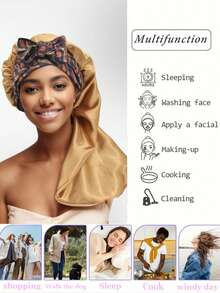 2pcs Bonnets Set,Satin Long Bonnet For Women, Adjustable Sleep Cap With Tie Band,Long Bonnet For Curly Or Dreadlocks Hair,Large Braid Bonnet Silky Hair Cap For Locs Women Sleeping.(Random Print)