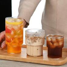 1pc Creative Minimalist Striped Glass Coffee Mug, Home Iced Drink Cup, Milk Cup, Ins-Style Coffee Mug, Suitable For Iced Americano, Latte, Juice, Iced Drink, Matcha, Milk. Back To School And Holiday Gift