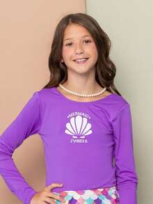 UV Sun Protection Swimsuit Long Sleeve Plain With Print Lined Girl Swimming Beach Kids - Màu tím - Xem 3