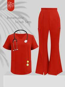 1 Set Solid Color V-Neck Short Sleeve Top And Split Leg Pants Lab Coat Nurse Scrub Uniform Scrubs Suit, Pet Hospital Clinic Work Scrub Uniform Top And Pants With Pockets - 紅色 - 查看 3