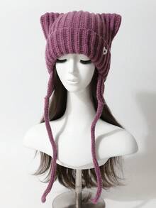 1 pieza Gorro de punto con orejas de gato de unicolor y lindo para mujer, gorro de invierno grueso y cálido para protección de orejas, diseño versátil y de moda, adecuado a nivel mundial