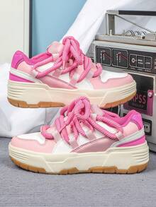 休闲户外滑板鞋，白色、玫瑰色、粉色、多巴胺时尚配色，新年和圣诞节完美礼物，女士厚底运动鞋，宽鞋带设计，适合旅行、派对、返校等多种场合。 - 彩色 - 查看 5