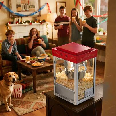 Popcorn Machine, 8oz Stainless Steel Kettle, 800W Commercial Countertop Popcorn Maker, 48 Cups Per Batch Theater Style Popper, With 2-Button Control Glass Wall PC Door 1 Scoop 3 Spoons, Red