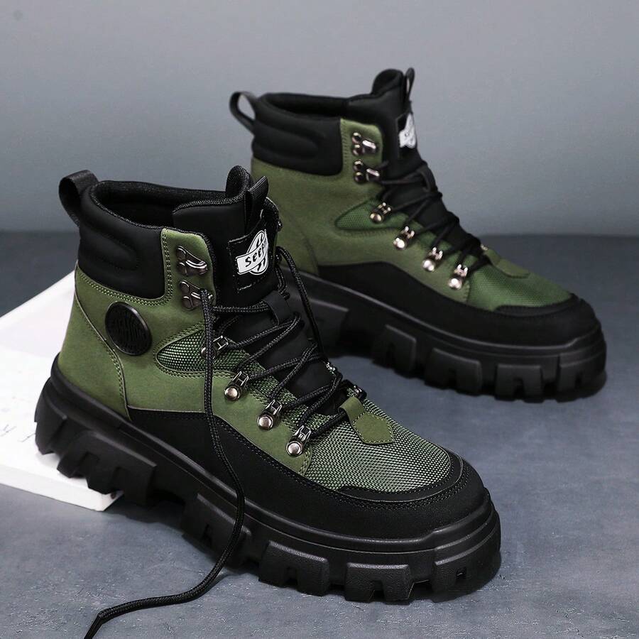 Men's High-Top Leather Riding Boots, Thick Sole Outdoor Sports Boots, Ankle Boots For Autumn/Winter