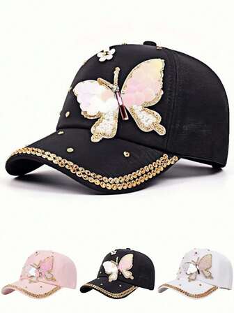 1 件男女通用优质时尚水钻蝴蝶装饰棒球帽/精致蝴蝶水钻点缀设计/适合日常穿着和户外活动