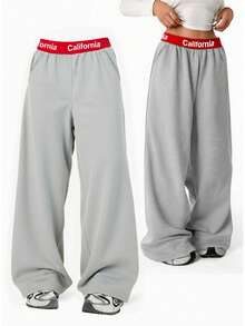 1件装 女童休闲简约运动风舒适高腰直筒灰色长裤，春夏新品 - 灰色 - 查看 1