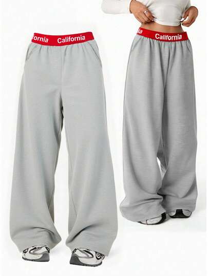 1件装 女童休闲简约运动风舒适高腰直筒灰色长裤，春夏新品