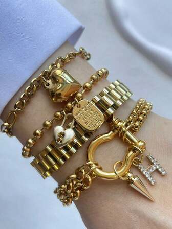 STYLEVER 1 件金色 A-Z 首字母手链，镶钻字母，马蹄扣手链，心形吊坠手链，不锈钢链条，可作为圣诞节和万圣节礼物