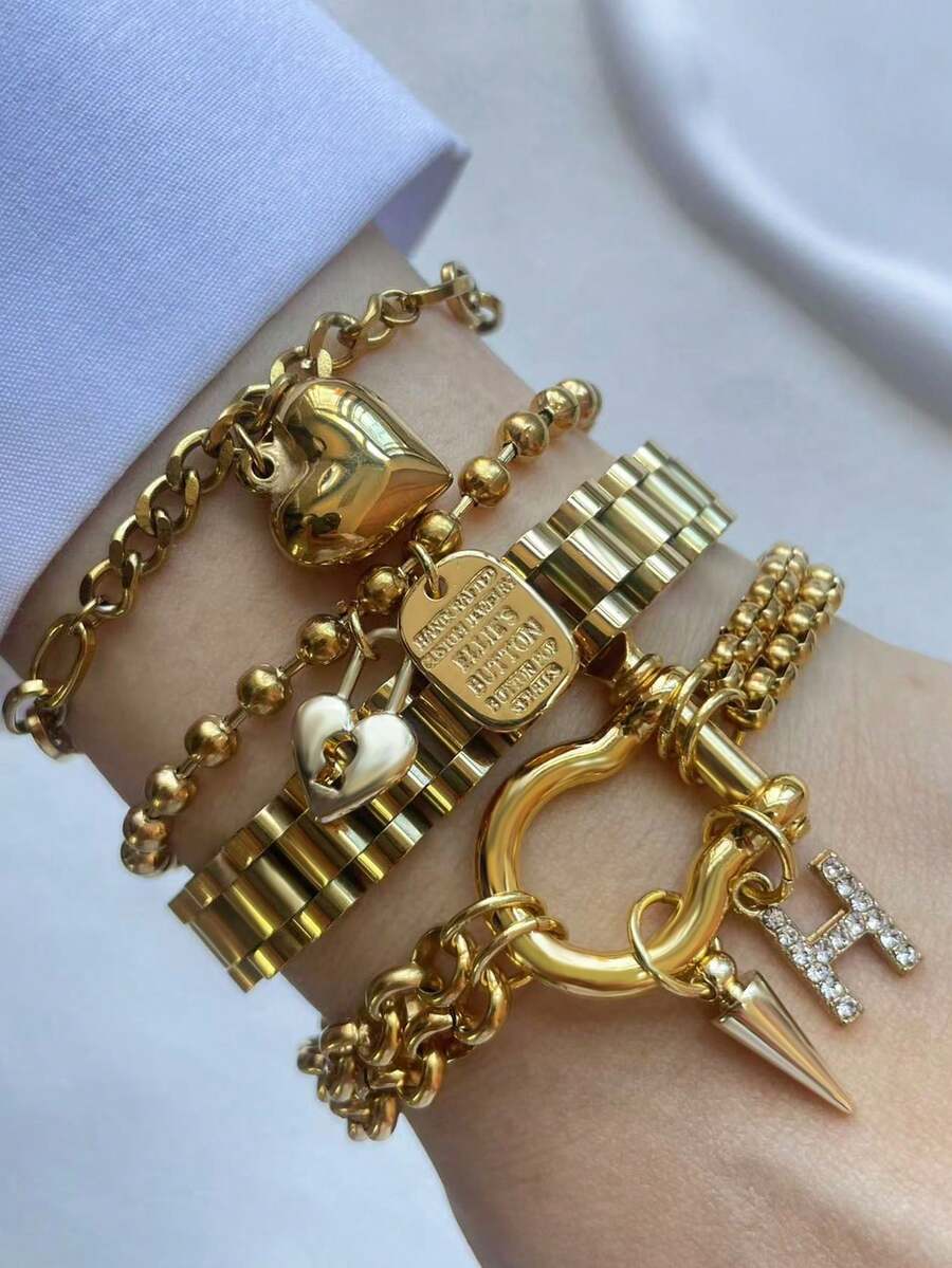 1pc STYLEVER Gold-Color A-Z Letter Bracelet, Rhinestone Letter, Horseshoe Clasp Bracelet, Heart Pendant Bracelet, Stainless Steel Chain, Christmas Gift, Halloween Gift - Golden - View 1