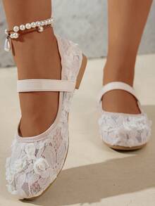 1 Pair Girls' Mesh Embroidered Heart & Rhinestone Lattice Design Flat Hollow Slip-On Shoes, Cute Princess Style, Fashion, Soft & Lightweight, Round Toe, Closure, Matching Mom's Size, Suitable For 2-14 Years Old Girls, All Seasons, Party, Holiday - 白色 - 查看 8