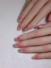 Aurora Metal PUNK & Y2K 腮红手工指甲 10 件方形短法式光泽蝴蝶水钻指甲装饰按压指甲可重复使用假指甲 DIY 美甲派对和职业假指甲 - 紅色 - 查看 3