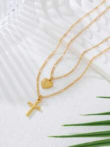 1 pieza Elegante collar de mujer con capas de corazón y cruz de moda, regalo (sin caja)