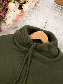 Casual Loose High Neck Drawstring Knit Pullover - Army Green - View 6