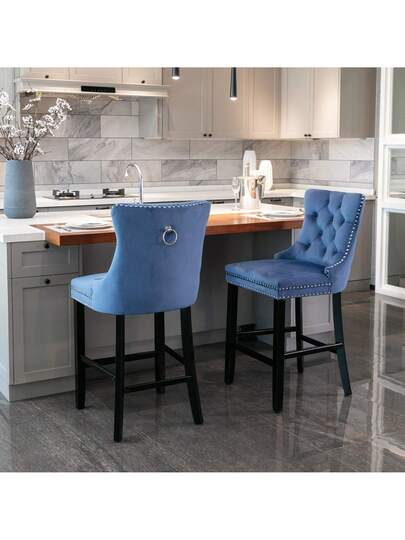 Sairedel Contemporary Fluwelen Upholstered Barstools Button Tufted ation Wooden Legs, Chrome Nailhead Leisure Bar Chairs,Bar Stools, Set Of view 6